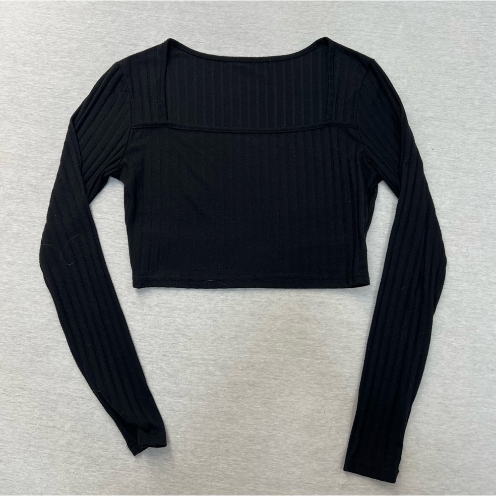 Long Sleeve Square Neck Black Top